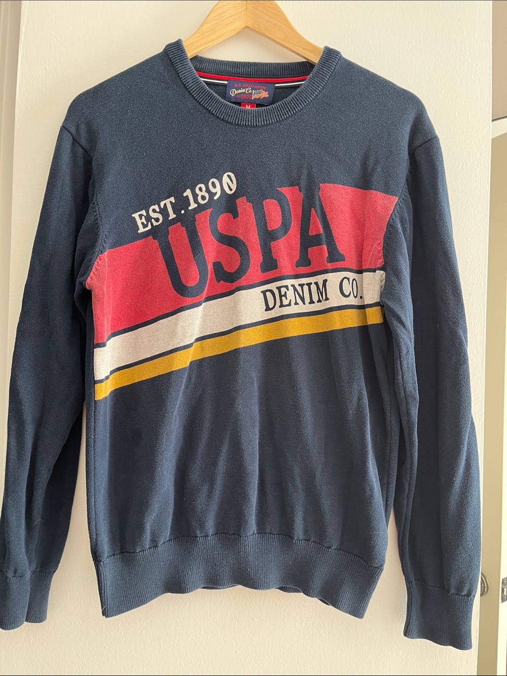 U.S. Polo Assn. Navy Crewneck Sweater with Red, Cream & Yellow Stripes